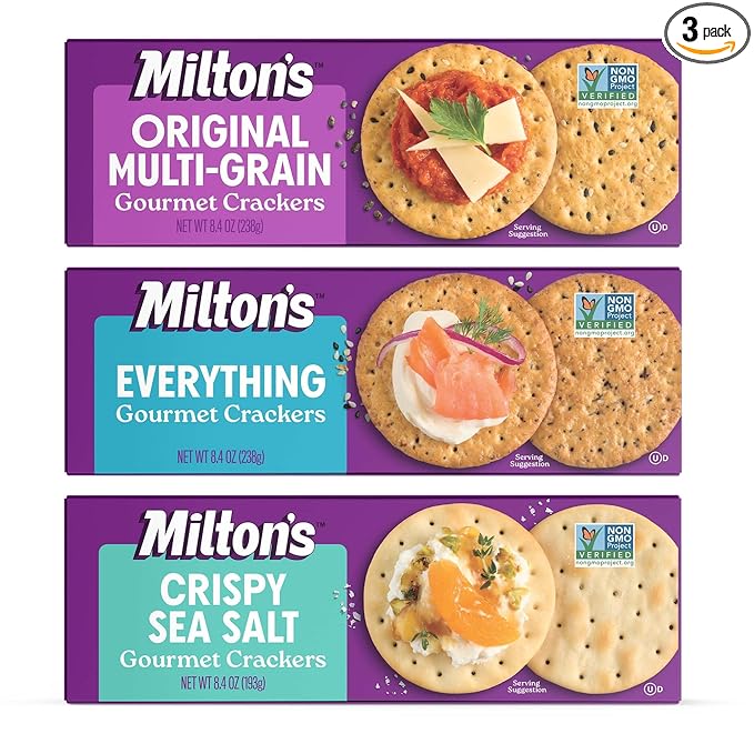 Milton's Gourmet Crackers Variety Bundle (Original Multi-Grain, Everything, Crispy Sea Salt) - Non-GMO Project Verified, Natural Ingredients, Kosher, Great for Charcuterie Boards - 8.4 Oz, Pack of 3