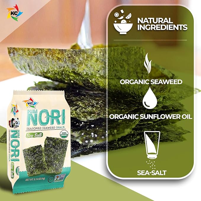 KIMNORI Seasoned Seaweed Snacks Sheets – Organic Sea Salt Sweet 'N Spicy Flavor 24 Individual Packs Roasted Crispy Premium 100% Natural Laver Kim Nori 4g 0.14 Ounce