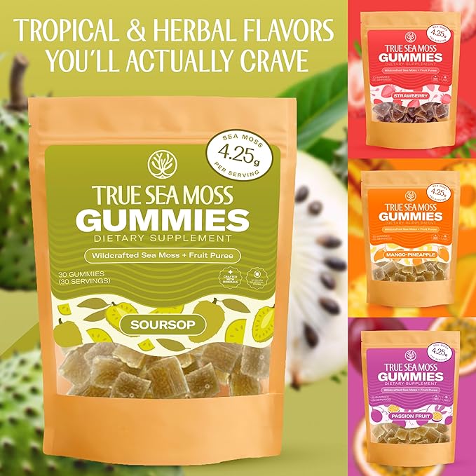 True Sea Moss Gummies – High Potency 4250mg Wildcrafted Irish Sea Moss Gel Extract per Serving + Soursop Flavor – Made with Coconut Sugar & Fruit Purée – 30 Gummies (30 Servings)