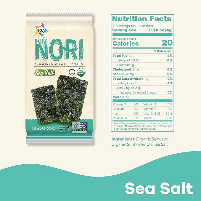 KIMNORI Seasoned Seaweed Snacks Sheets – Organic Sea Salt Flavor 24 Individual Packs Roasted Crispy Premium 100% Natural Laver Kim Nori 4g 0.14 Ounce