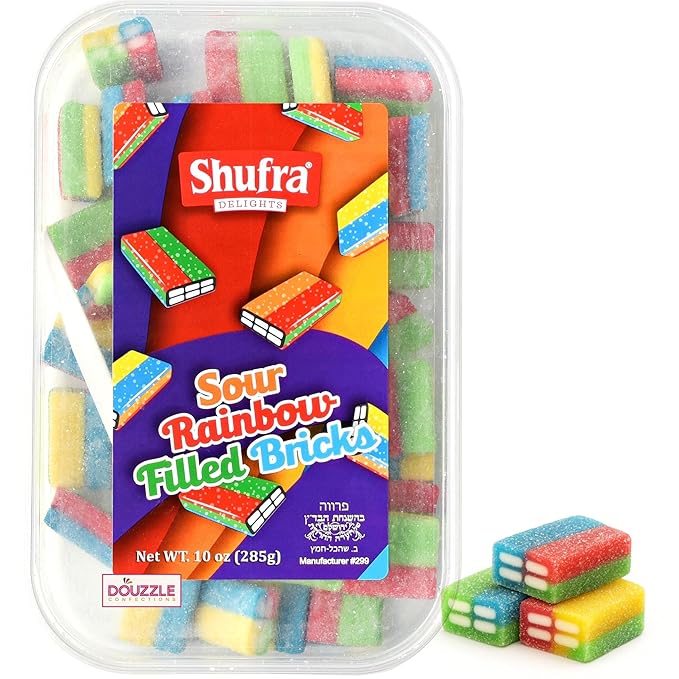 DOUzzle Valentines Day Sweet Treats, Rainbow Sour Filled Bricks (10 OZ - Pack of 1) Goodie Bag Stuffer, Pinata Filler - Kosher Parve