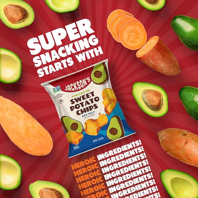 Jackson’s Sweet Potato Kettle Chips Avocado Oil Variety Pack made with Premium Oils (1.5 oz, Pack of 18) Sea Salt, Ranch, and BBQ Flavors - Allergen-friendly, Gluten Free, Vegan