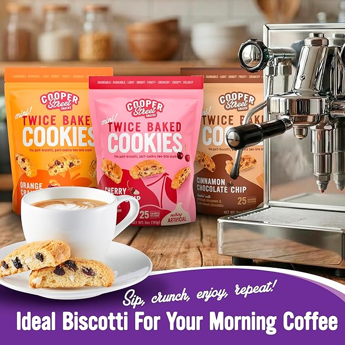 Cooper Street Twice Baked Biscotti Cookies Variety Pack - 5 Pack (5oz Each) - Light and Crispy Coffee Cookies 5 Flavors Assortment - Low-Calorie Snacks for Adults & Kids - Dairy & Peanut Free, Kosher