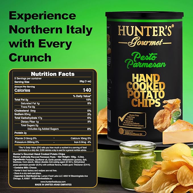 Hunter's Gourmet Hand-Cooked Chips | Made in a Nut-Free Facility | Premium Gourmet Snack | Travel Friendly | No Artificial Colors | Non-GMO | Pesto Parmesan Flavor | Vegetarian | Pack of 1 | 150g