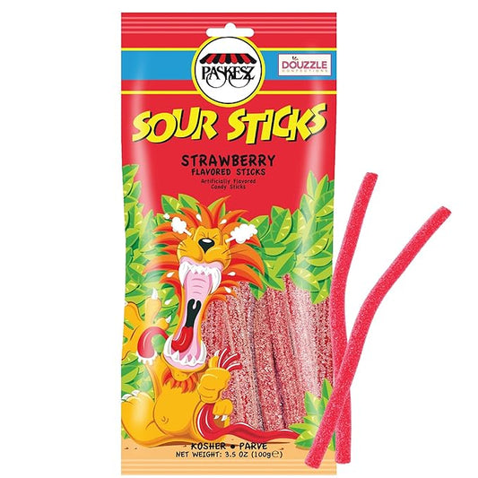 DOUzzle Valentines Day Sweet Treats, Sour Sticks Chewy Candy Straws Red Strawberry (3.5 OZ - 1 Pack) Goodie Bag Stuffer, Pinata Filler - Kosher Parve