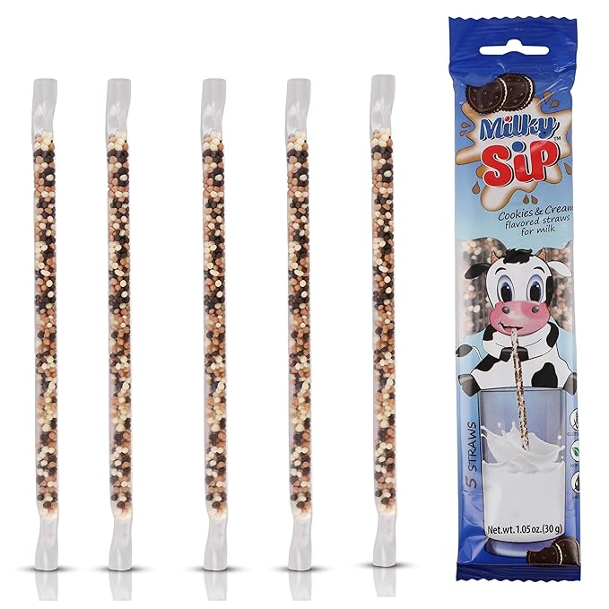 20 Milky Sip Cookies and Cream Flavored Straws For Milk - 4 Packs of Milk Flavoring Straws, 5 Straws in Each. Magical Cookies and Cream Flavor Makes Children Eager, Want and Love to Drink Milk
