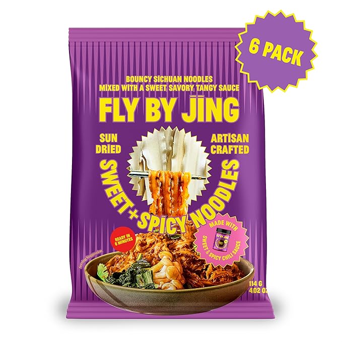 FLYBYJING Sweet & Spicy Noodles - Sun-Dried, Wavy, Bouncy Asian Instant Noodles with Sichuan Chili Sauce - Ready in 6 Minutes - Vegan, High Protein, No MSG, 4.02 oz (Pack of 6)
