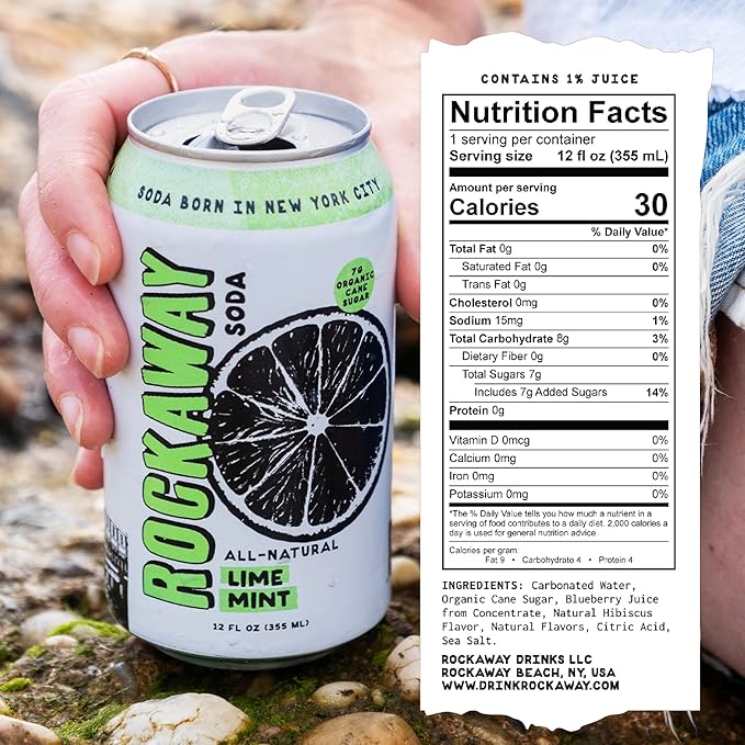 ROCKAWAY Lime Mint Soda Drinks - Low calorie drinks made from Real Fruit Juice, All Natural - Soda Pop Drinks Gluten Free, Vegan, GMO Free - 12oz (12 Pack)