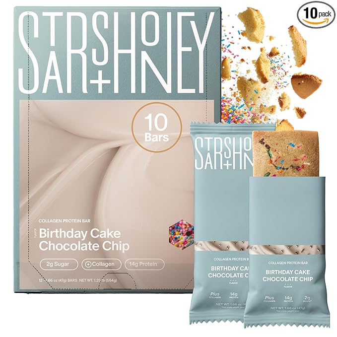 Stars + Honey Protein Bars - Birthday Cake Chocolate Chip, 14g Protein, 2g Sugar, w/Collagen Keto Friendly Snack - Gluten, Dairy, Seed Oil, & Soy Free - High-Protein Snacks for Energy - 10 pack