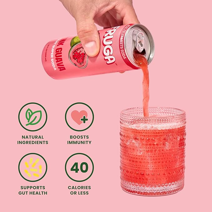 FRUGA Pink Guava Sparkling Fruit Super Soda | Prebiotic Soda, Low Calorie, Healthy Soda Benefits and Vitamin Boost