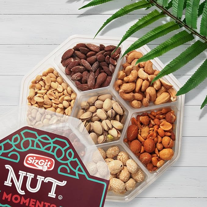 SizGit Nut Gift Baskets, 14oz Mixed Nut Gift Box of 7 Sectional Platter, Ideal Nut Assortment for Holidays, Birthdays, Celebrations, Anniversaries, Corporate Occasions and Everyday Snacking