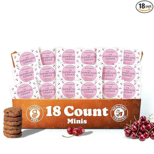 Love + Chew Mini Vegan Cookies, Gluten Free, 3g Plant Based Protein Per Cookie, Healthy Snacks for Adults and Kids, Refined Sugar Free, Individually Wrapped Cookies, Cherry Almond, 18 Pack
