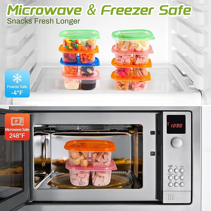 20pcs Reusable Snack Containers with Lids,Double Compartment Snack Containers for kids adults, 10 Cute Forks，Bento Box-Lightweight and stackable, Microwave, refrigerator safe (4 Color)