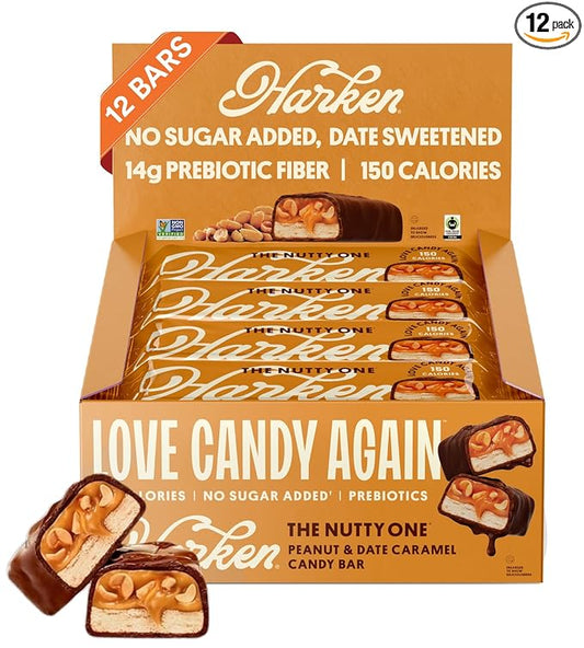 Harken Sweets The Nutty One, Oat Milk Chocolate Candy Bars with Peanuts and Date Caramel, Sweetened with Dates and No Sugar Added, High Fiber Snack, Gluten-Free, Plant-Based, 12 Bars