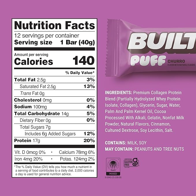 Built Bar, Puff Protein Bars, Churro Puff, 17g Protein Snacks, On-The-Go Bars, Only 140 Calories & 7g Sugar, Collagen, Gluten Free, 12 Count