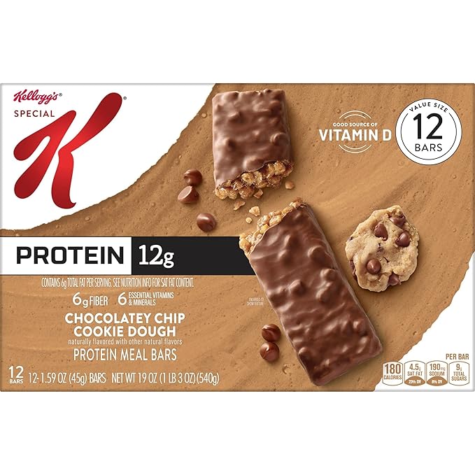 Kellogg's Special K Protein Meal Bars, 12g Protein Snacks, Meal Replacement, Chocolatey Chip Cookie Dough, 19oz Box (12 Bars) (Pack of 2)