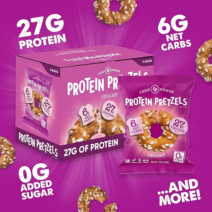 Crisp Power Protein Pretzels, Sesame, High Protein Snack, 27G Protein, Low Carb Crunchy Pretzel Snacks, No Added Sugar, No Seed Oils, 1.75 oz Bags, 6 Pack, Vegan, Plant-Based, Keto