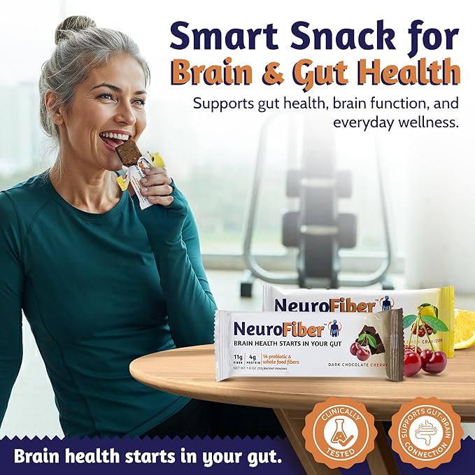 NeuroFiber Prebiotic Fiber Bars – Best High Fiber Snacks for Adults - Plant-Based Prebiotic - Gut + Brain Health Support - Gluten Free, Vegan - Lemon Cranberry/Dark Chocolate Cherry (14 Bars)