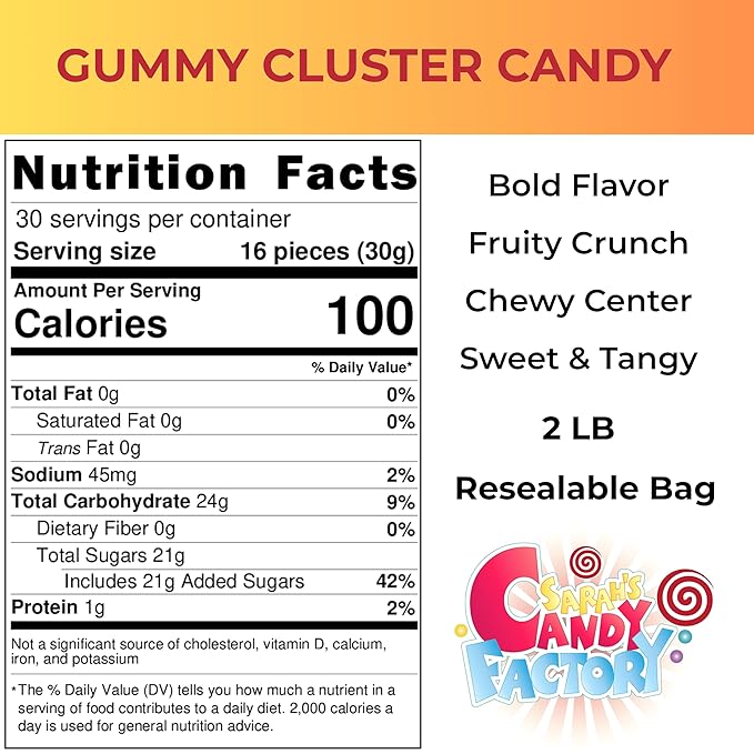 Gummy Clusters Rainbow, 2 Lbs Pack Bulk, Perfect Gummy Candy Snack for Parties, Birthdays, Holidays, Resealable Bags, Office Treats and Everyday Enjoyment