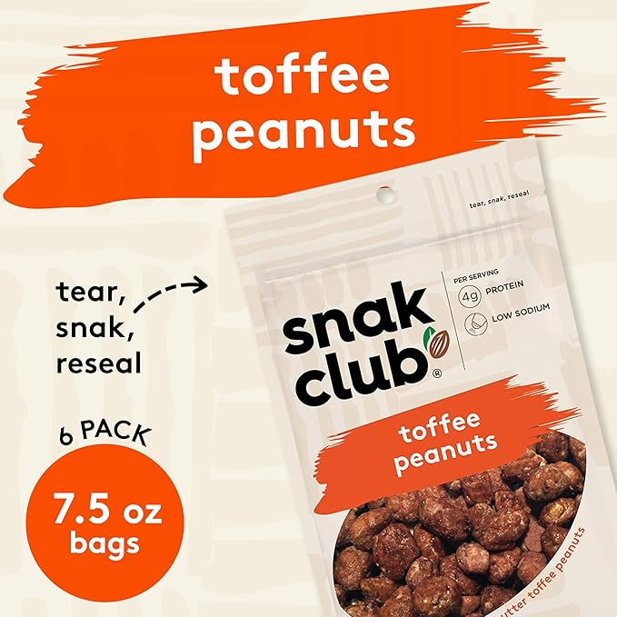 Snak Club Toffee Peanuts, Candied Peanuts with Praline Coat and Sweet Cream, Gluten-Free and Kosher Snack, 7.5 oz Resealable Bags, 6 Pack