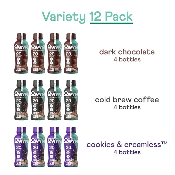 OWYN Only What You Need Protein Shake Variety Pack, Dark Chocolate, Cold Brew Coffee, Cookies and Creamless, 20g Protein, 4g Sugar, 3g Fiber, Dairy Free, Plant Based Protein Drink, 12 CT