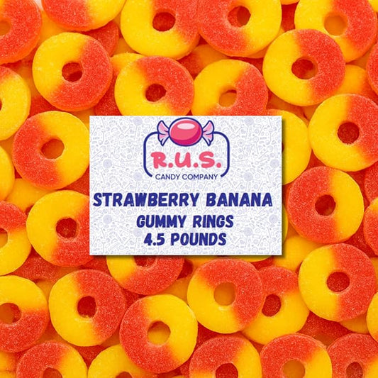 Strawberry Banana Ring Gummies 4.5 lbs Bulk Bag – 292 Approx Pcs Fruity Gummies – Fresh, Soft & Chewy – Party, Snack, Candy Buffet – by RUS Candy Company (Strawberry Banana)