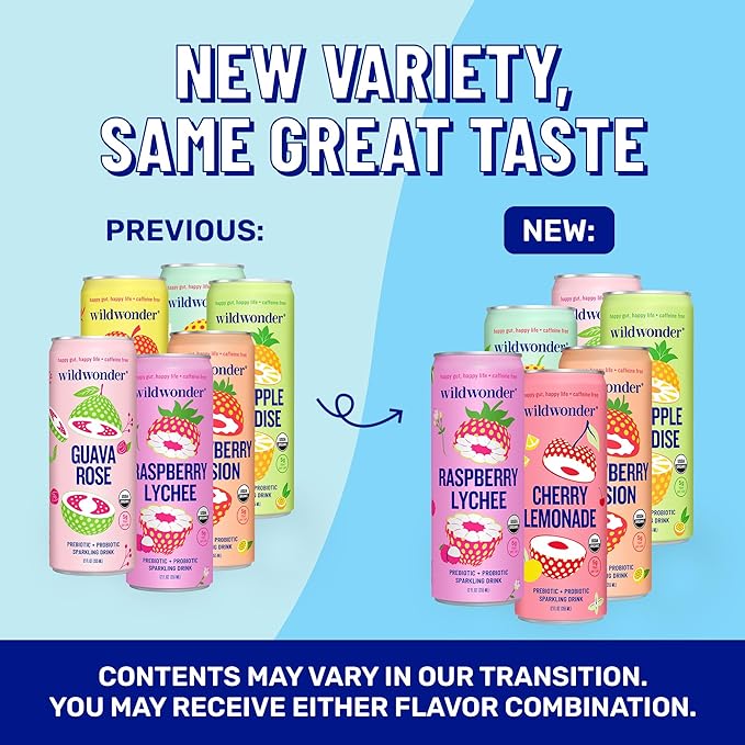 wildwonder Sparkling Probiotic Juice Drink 18pk, w/Gut Health & Immunity Support, 5g Prebiotic Fiber, Live Probiotics, Organic, Vegan, Low Sugar, Sampler Pack, 6 Flavors, Seen on Shark Tank