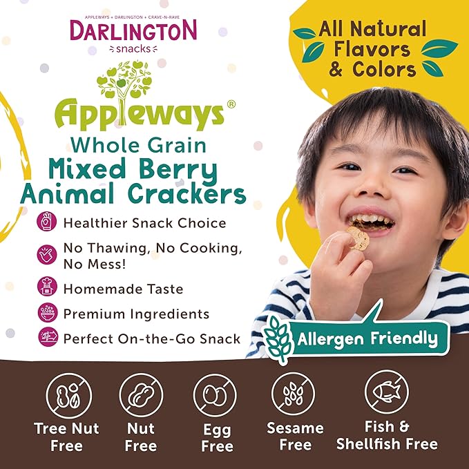 Mixed Berry Animal Crackers, All-Natural Whole Grain Animal Cookies, Healthy & Crispy Animal Bulk Crackers, Made in USA, 4 Bags, 20 Oz by Appleways