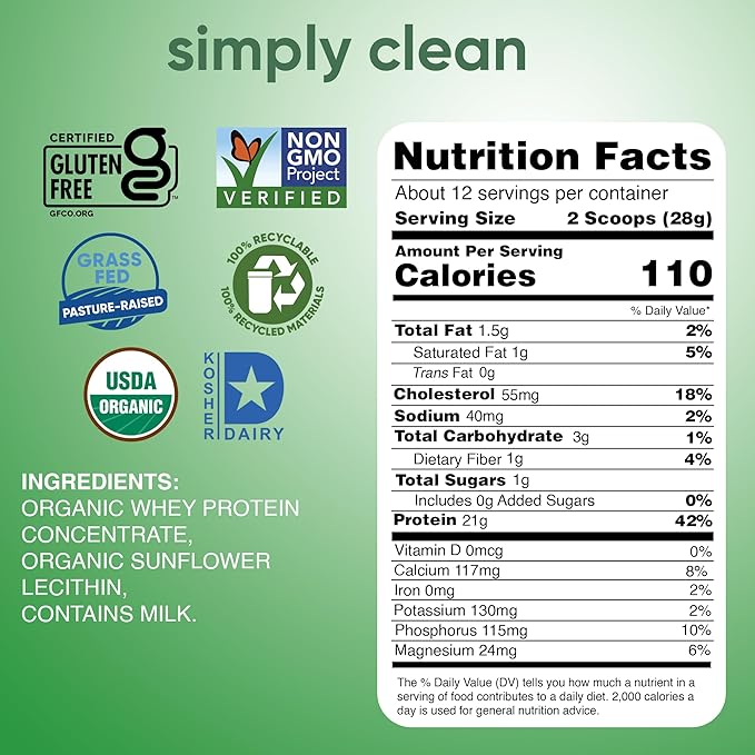 simply tera's Organic Whey Protein Powder - Grass Fed Whey Protein Powder Without Artificial Sweeteners, Unflavored, Non-GMO, Kosher, Gluten-Free - Plain Unsweetened 12 Oz.