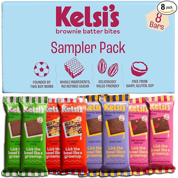Kelsi's Brownie Batter Bites, Variety Pack, 8 Pack - Whole Ingredients, Healthy Brownie Bites, Dairy Free, Gluten Free, Soy Free Chocolate, Zero Refined Sugar, Paleo Healthy Snack Alternative, Includes Salty Peanut Caramel, Rich Raspberry, Mint Crunch,...