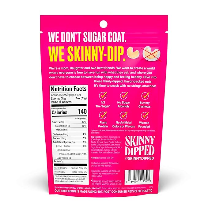 SkinnyDipped Birthday Cake Cashews, Healthy Snack, Plant Protein, Gluten Free, 3.5 oz Resealable Bags, Pack of 5