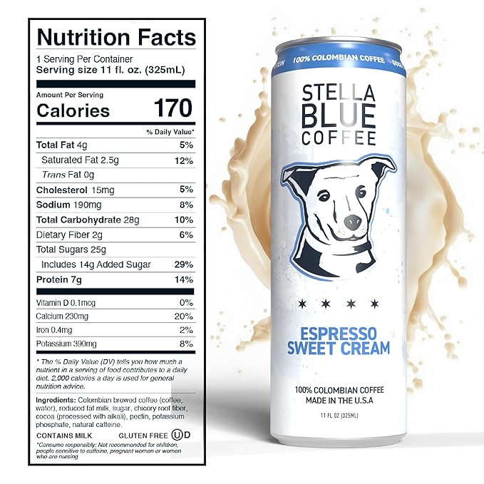 Stella Blue Espresso Sweet Cream Latte Cans, Ready-to-Drink Coffee Energy Beverage, 100% Colombian Coffee, 190mg Natural Caffeine, Gluten Free & Good Source of Protein, 11oz Can, 12 Pack