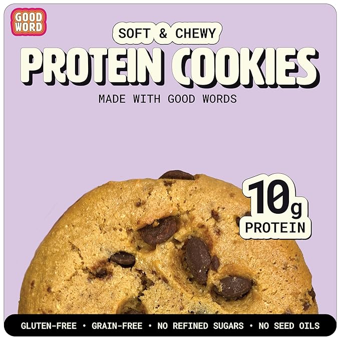 Chocolate Chip Protein Cookie, Soft & Chewy, High Protein Snack, Gluten-Free, Grain-Free, Dairy-Free, No Seed Oils, No Refined Sugars, Made with Almond Butter & Collagen, 12-Pack
