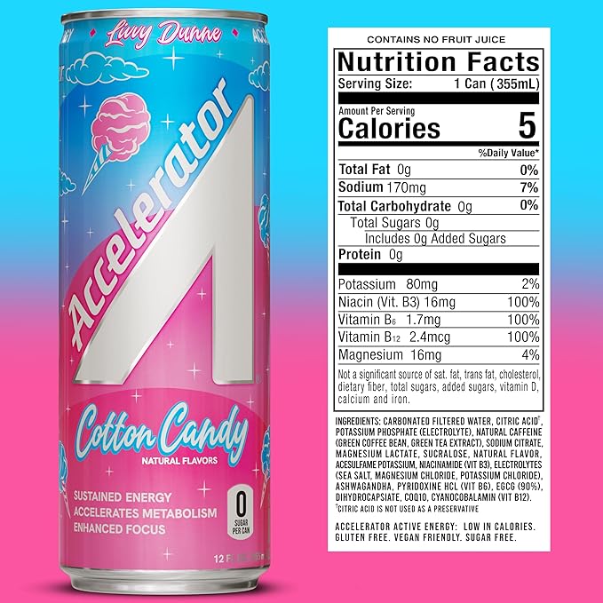 Accelerator Energy Drink, Cotton Candy 12oz can (12 pack), Zero Sugar, Sustained Energy from 100% Natural Caffeine (200mg from Green Coffee Bean & Green Tea extract)