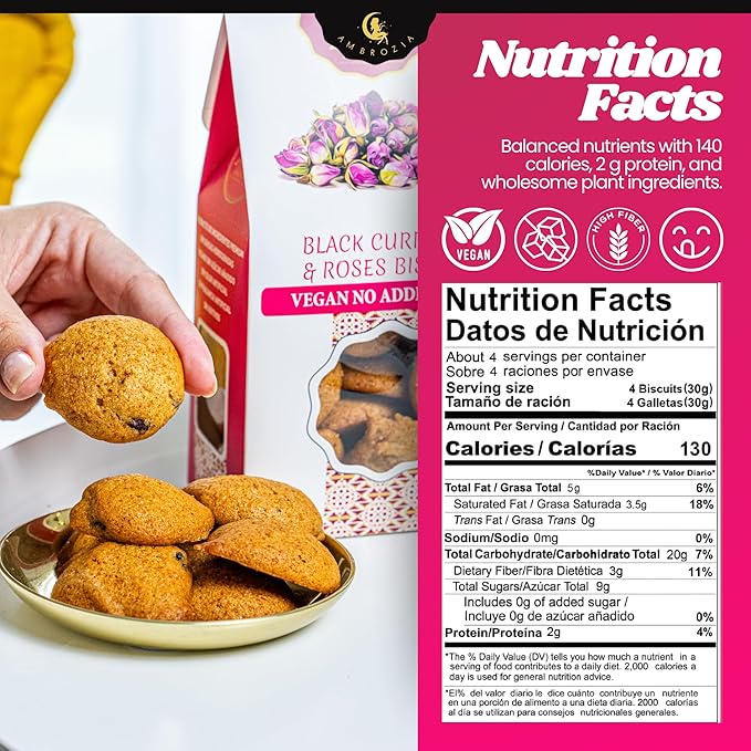 Ambrozia Vegan Snack Biscuits – Blackcurrant & Rose - Soft Baked, No Added Sugar, Clean Label, High Fiber & Wholesome Ingredients, Kid-Friendly, Healthy Snacks for Active Lifestyles, 4.58 Oz