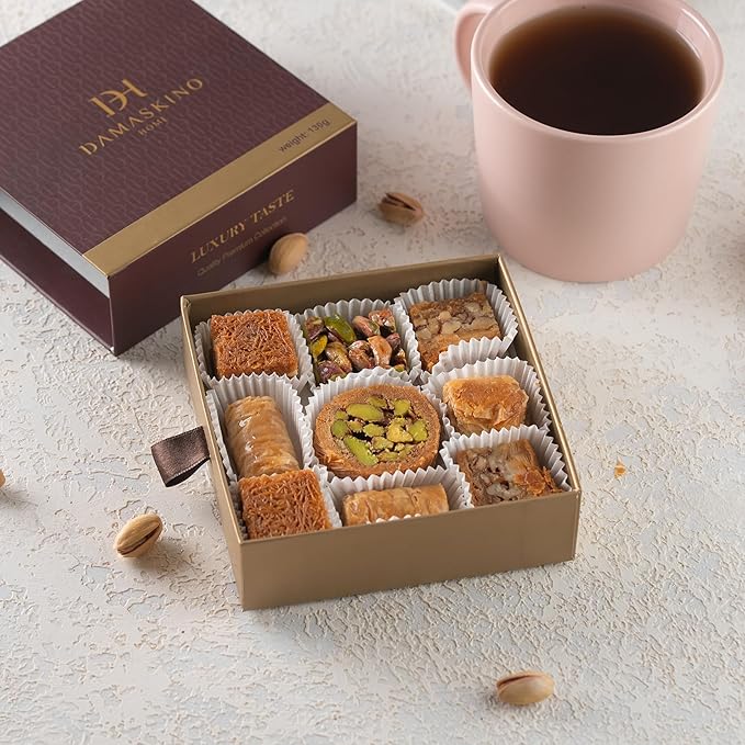 Damaskino Home Assorted Baklava Gift Box 4.5oz – 9 Pieces Turkish Baklava Pastry Dessert – Traditional Middle Eastern Sweets Made with Premium Pistachios, Cashews & Walnuts - Arabic Dessert Food Gifts - Dulces Arabes