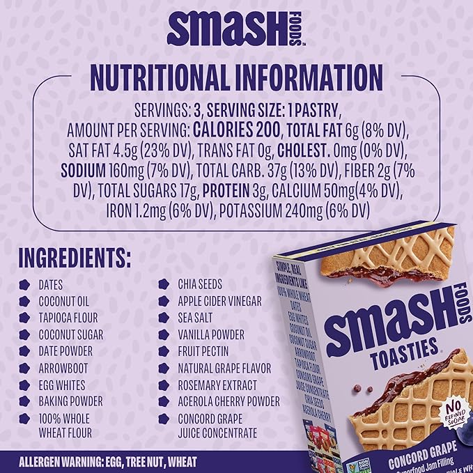 Smash Foods Toasties Variety 3 Pack – Healthy Whole Wheat Toaster Pastries Strawberry, Blueberry, Grape – No Refined Sugar, Real Fruit Filling – 9 Pastries Total – Non-GMO, Simple Real Ingredients (Grape)