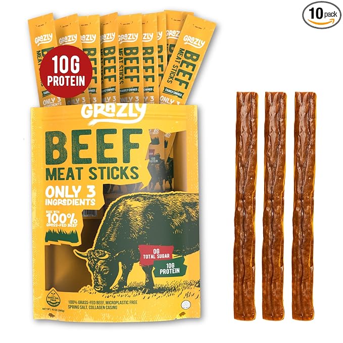 Grazly Grass-Fed Beef Sticks – Made with Only Beef, Spring Salt & Collagen Casing – Clean, High-Protein Snack w/ 10g Protein Per Stick (1 oz, 10 Pack)
