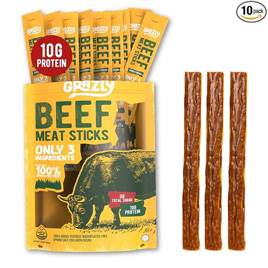 Grazly Grass-Fed Beef Sticks – Made with Only Beef, Spring Salt & Collagen Casing – Clean, High-Protein Snack w/ 10g Protein Per Stick (1 oz, 10 Pack)
