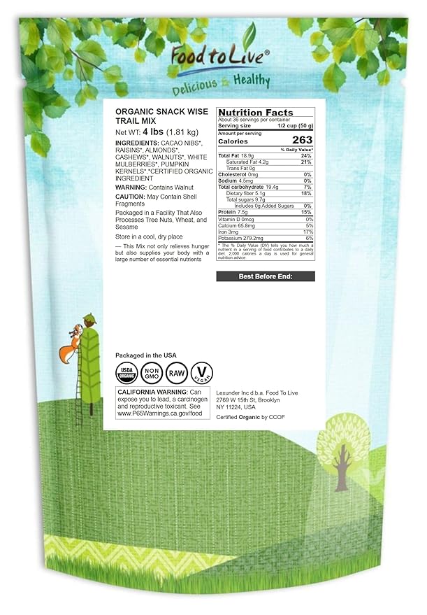 Food to Live - Organic Snack Wise Trail Mix, 4 Pounds — Raw, Non-GMO, Mix Contains Cacao Nibs, Raisins, Almonds, Cashews, Walnuts, Mulberries, Pumpkin Seeds. Vegan, Kosher, No Added Sugar, Bulk