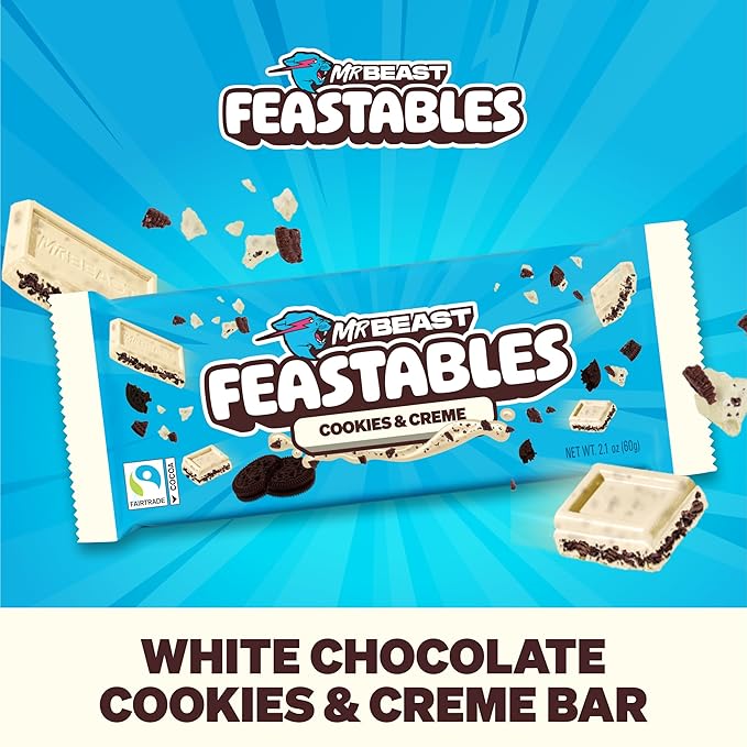 Feastables MrBeast Cookies & Creme Chocolate Bar, New Flavor, King Size Candy Bar for Adults & Kids, Candy Bars for Snacks, Gifts, or Dessert, Sweet & Creamy Fairtrade Cocoa, 2.1 Oz Each, 10 Count