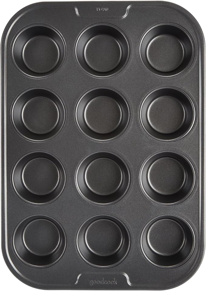 GoodCook PRO Muffin Pan Nonstick Cupcake Pan, Warp & Scratch-Resistant Dishwasher-Safe Carbon Steel Construction for Even Baking With or Without Liners, 12-Cup, Gray