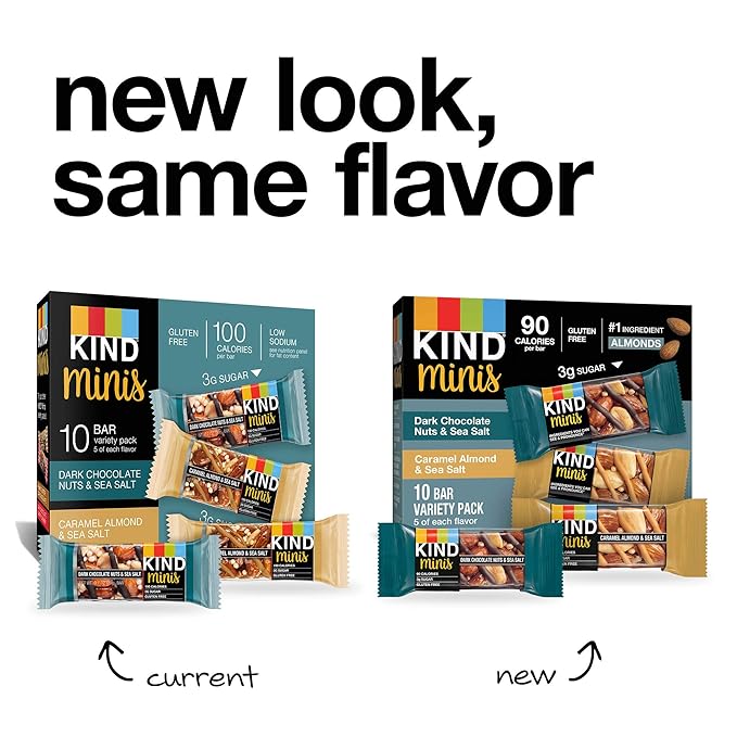 KIND Minis Snack Bars, Dark Chocolate Nuts & Sea Salt and Caramel Almond & Sea Salt, 3g Sugar, Gluten Free Bars, Variety Pack, 0.7 OZ, (20 Count) (Pack of 2)