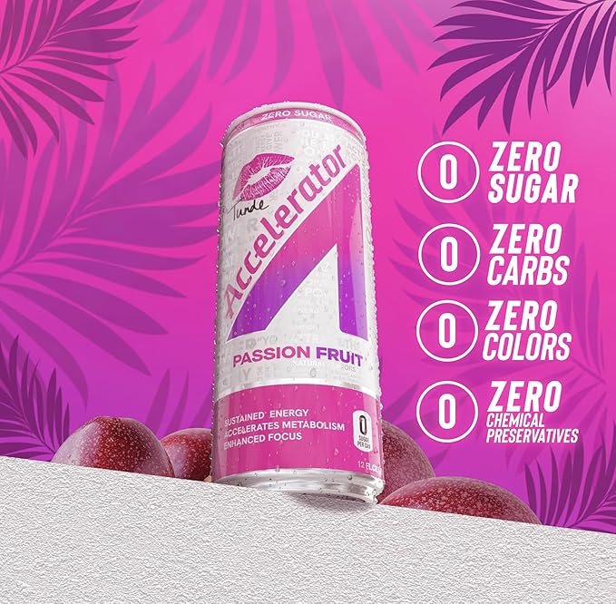Accelerator Energy Drink, Passion Fruit 12oz can (12 pack), Zero Sugar, Sustained Energy from 100% Natural Caffeine (200mg from Green Coffee Bean & Green Tea extract)