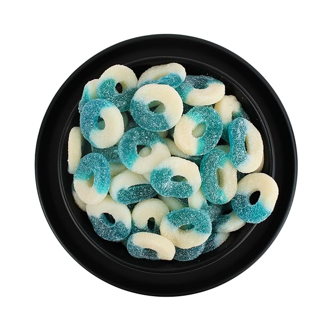 Blue Raspberry Flavored Gummy Rings -Fresh, Soft, and Chewy Sugar Dusted Gourmet Candy Ring Blue Gummies (2 Pound)