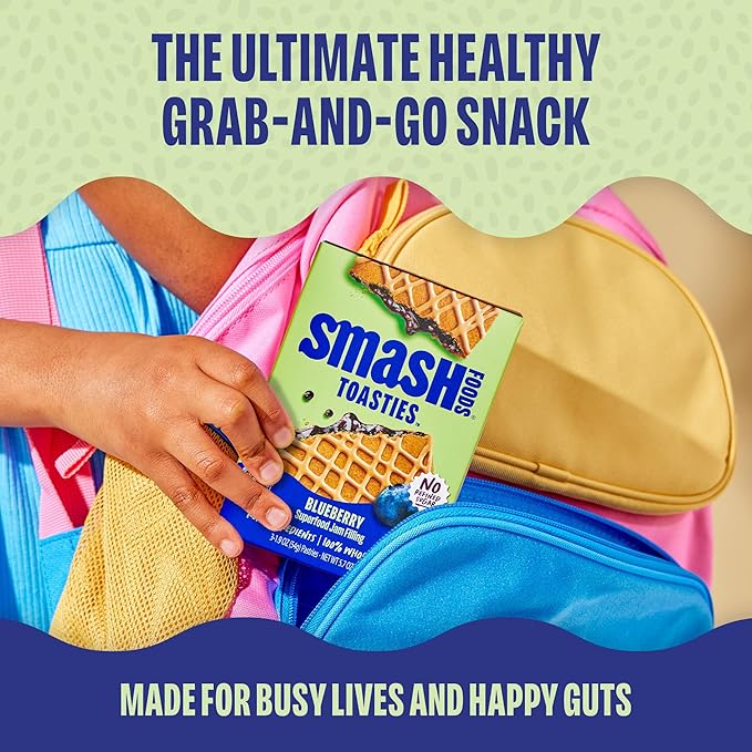 Smash Foods Toasties Variety 3 Pack – Healthy Whole Wheat Toaster Pastries Strawberry, Blueberry, Grape – No Refined Sugar, Real Fruit Filling – 9 Pastries Total – Non-GMO, Simple Real Ingredients (Blueberry)