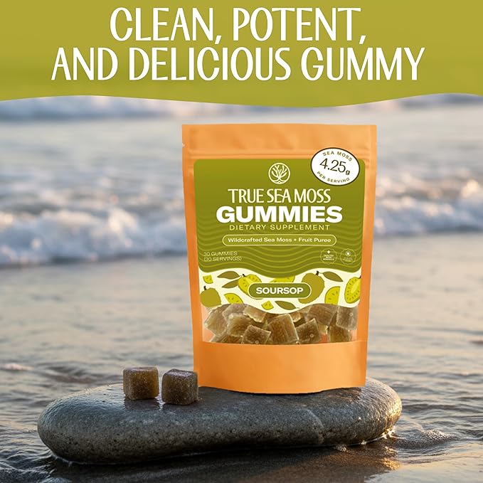 True Sea Moss Gummies – High Potency 4250mg Wildcrafted Irish Sea Moss Gel Extract per Serving + Soursop Flavor – Made with Coconut Sugar & Fruit Purée – 30 Gummies (30 Servings)
