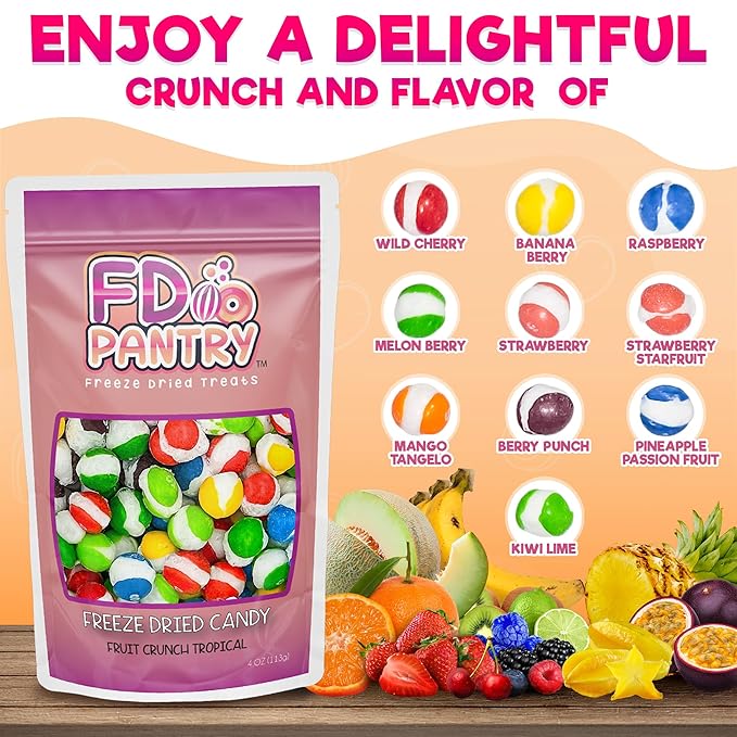 Freeze Dried Candy, 2 Pack Fruit Crunch Tropical, 4 oz, Assorted Variety Flavors, Bag Pouch, Ideal Gift Snack