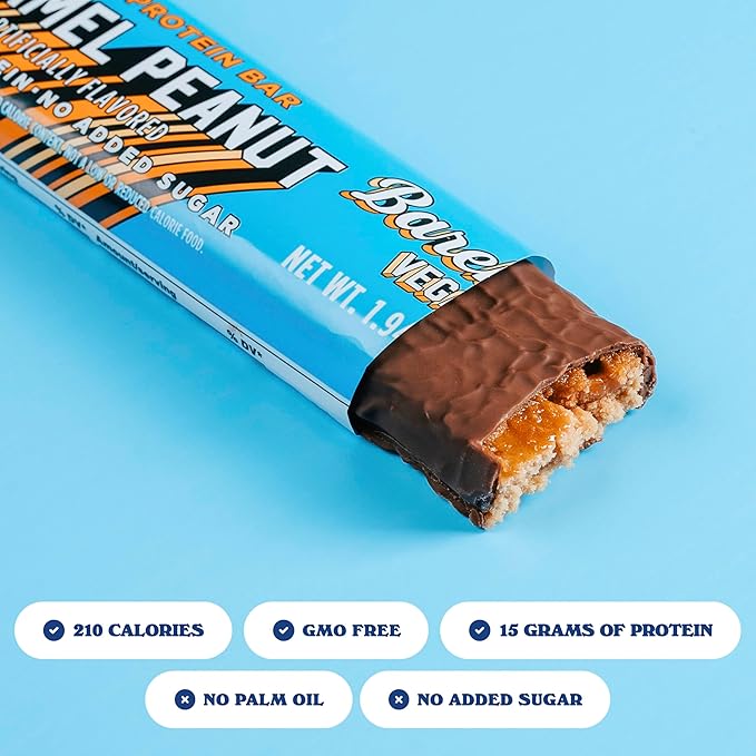 Barebells Plant Based Protein Bars, Peanut Caramel – 24 bars (2 Packs of 12) - 15g of Plant-Based High Protein Treats – Vegan Chocolate Nutrition Bar with 1g Total Sugar - On The Go Breakfast or Post-Workout Snack