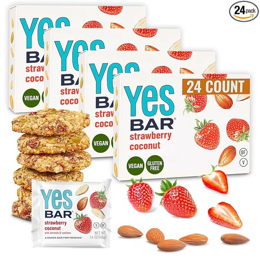 The YES Bar – Strawberry Coconut – Plant Based Protein, Decadent Snack Bar – Vegan, Paleo, Gluten Free, Dairy Free, Low Sugar, Healthy Snack, Breakfast, Low Carb, Keto Friendly (24 Count)